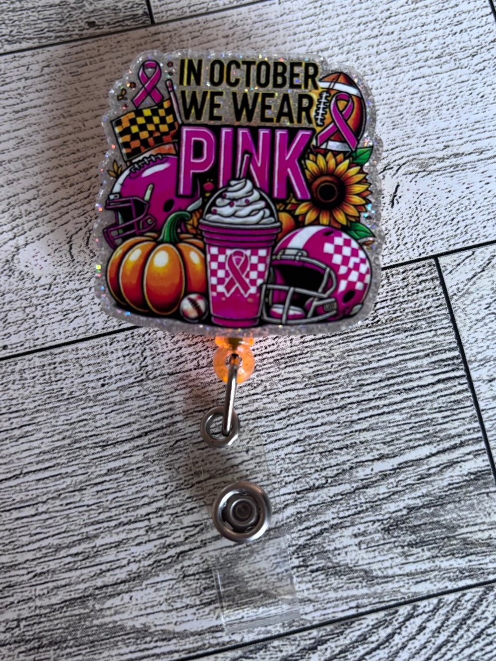 NEW In October We Wear Pink Retractable Badge Reel Breast Cancer Awareness